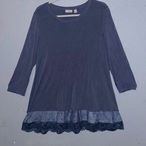 LOGO Lori Goldstein Tunic Blue loose fit lace hem size lg